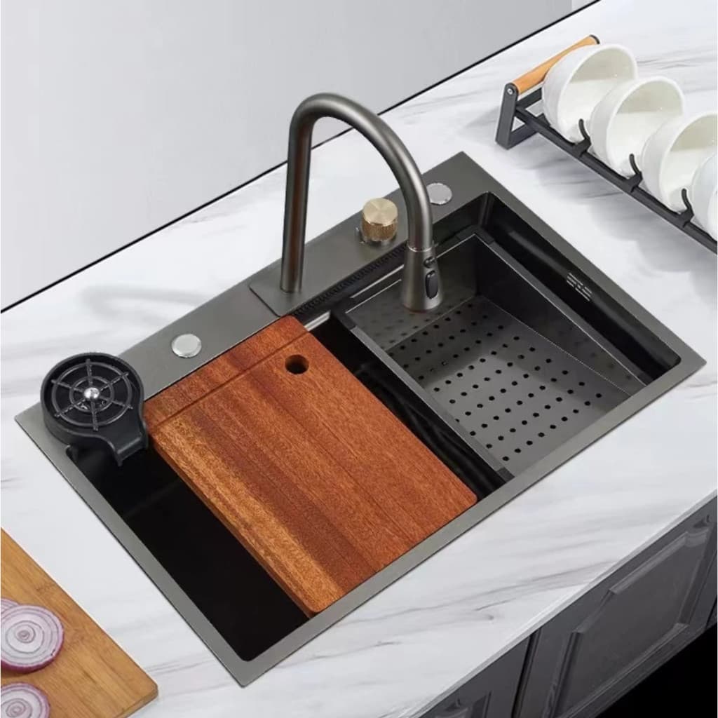 Cuba Gourmet Premium Cascata Torneira Para Cozinha Inox304 Quadrada 75X46 Com Lavador de Copo Tábua