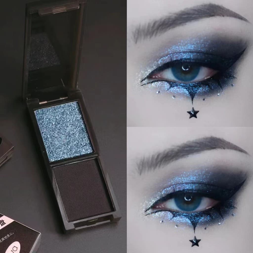 Alta frio Punk legal maquiagem perolado cristal azul fosco azul escuro paleta de sombras de duas cores escuro fumado ver