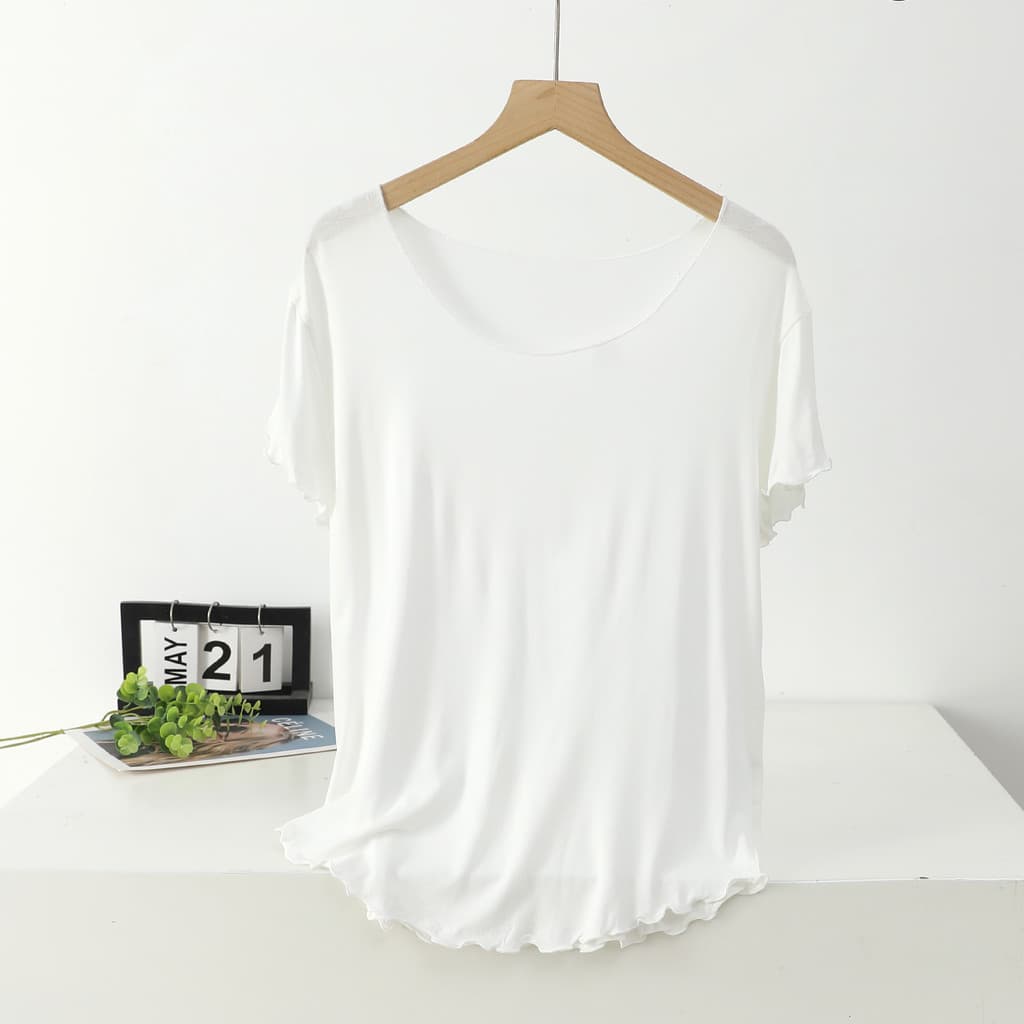 Modal em torno do pescoço de manga curta camiseta feminina branco estilo fino solto All-Match mais magro olhar camisa de