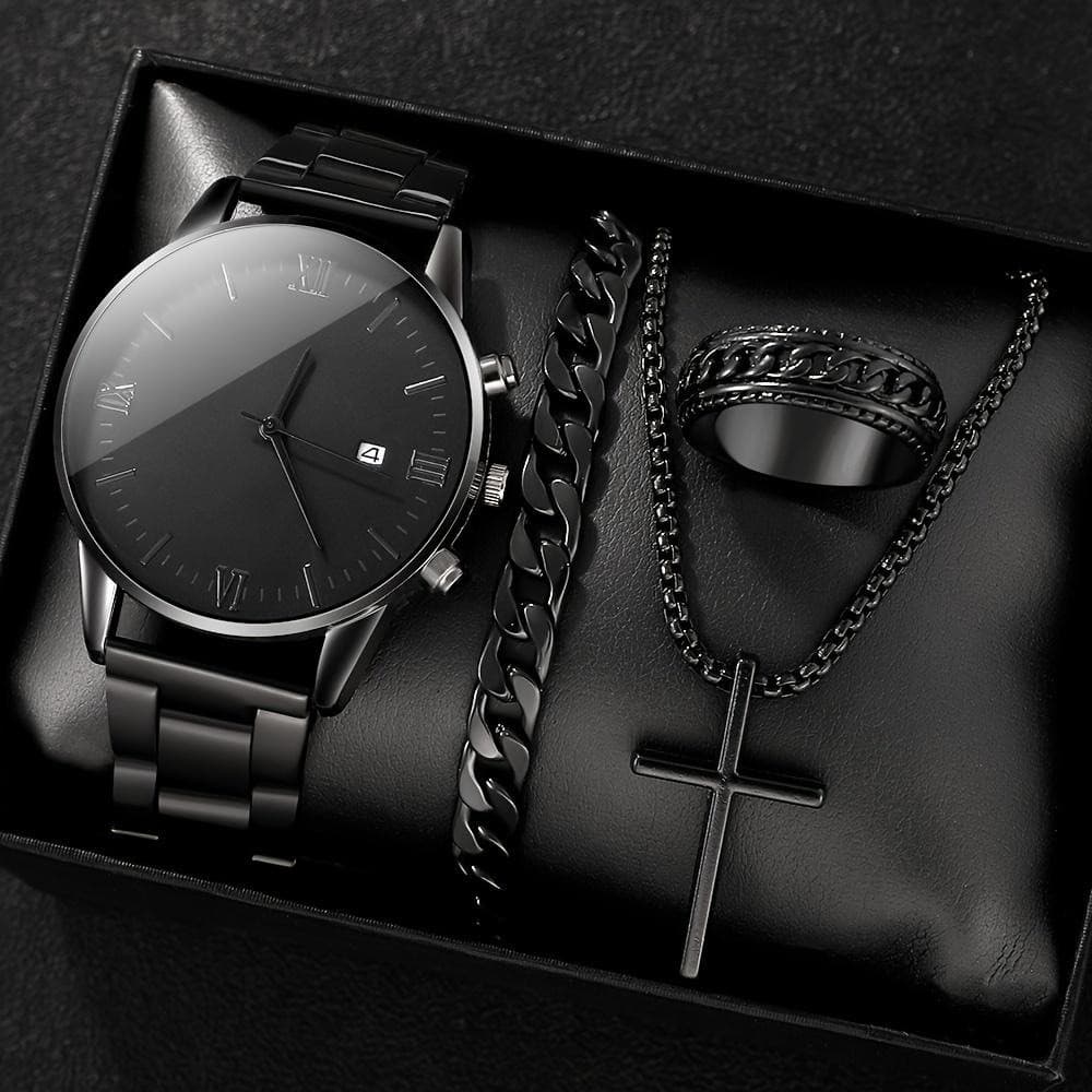 Relógio Masculino Moderno e Elegante com Três Mostradores Falsos e Calendário, Conjunto de 4 Peças, Relógio de Quartzo M