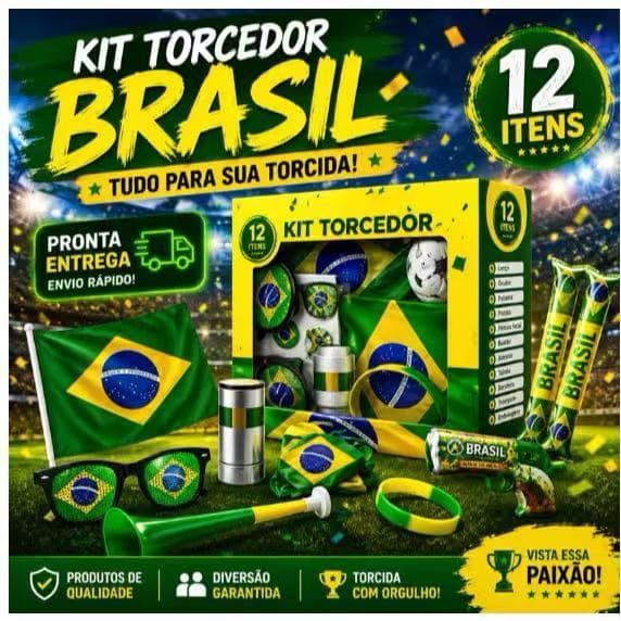 Kit Torcedor Copa do Mundo 2026 Brasil 12 Torcida Bandeira Brasileira Óculos Pulseira Adesivos BR-4