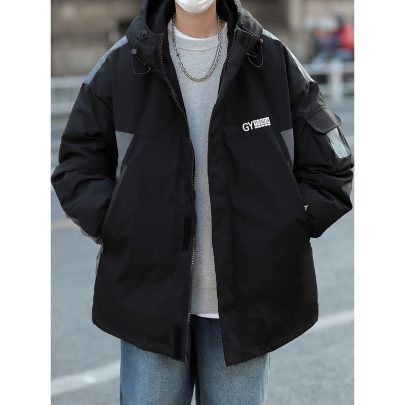 Jaqueta estilo americano jaqueta masculina inverno Street Wear solto quente com capuz jaqueta de algodão forro de lã eng