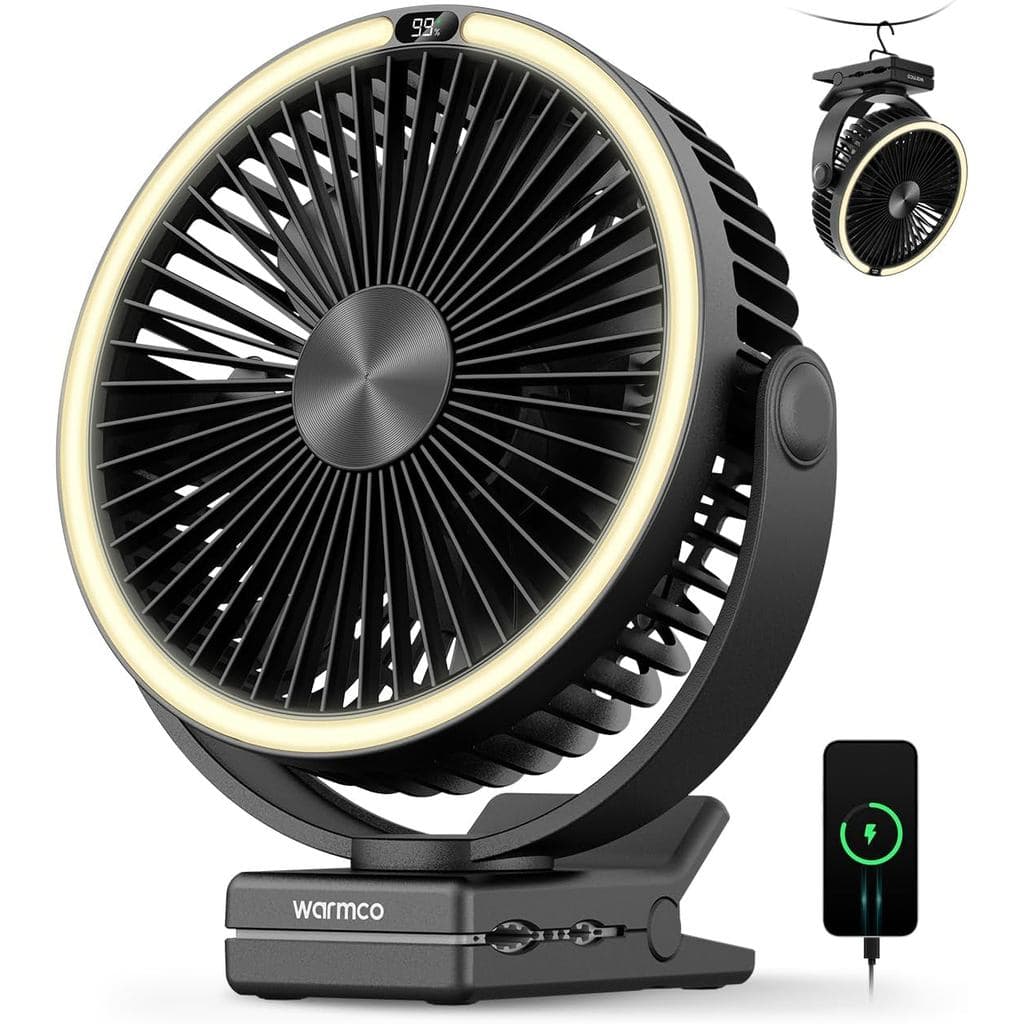 Ventilador Portátil Recarregável Warmco 15000mAh com Clipe, Ventilador de Mesa de 8 Polegadas Alimentado por Bateria, La
