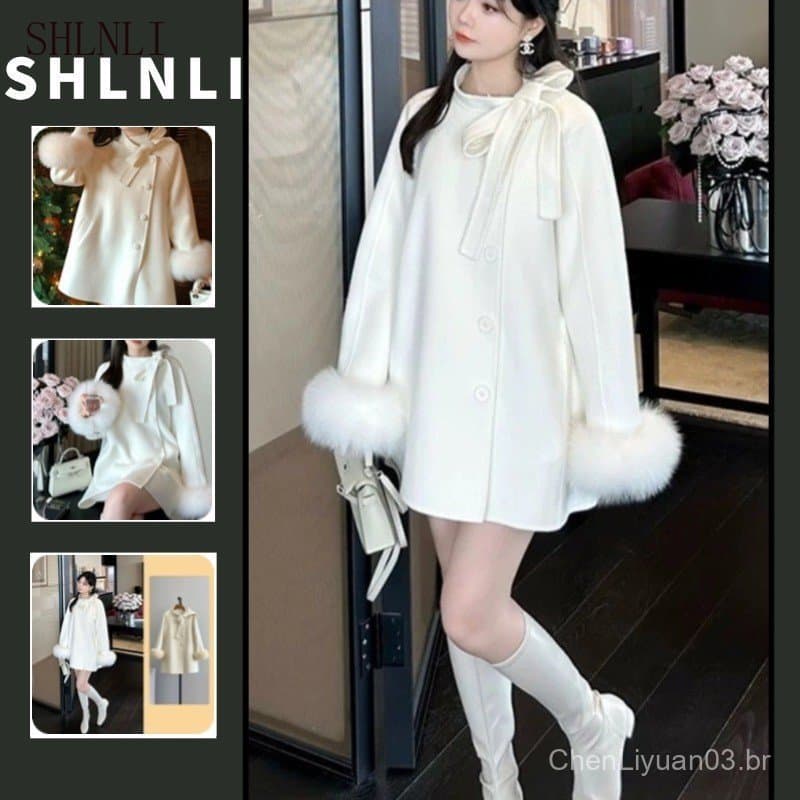 Casaco Elegante e Casual Feminino de Outono Inverno, Jaqueta Francesa Retro Macia de Comprimento Médio BKS6