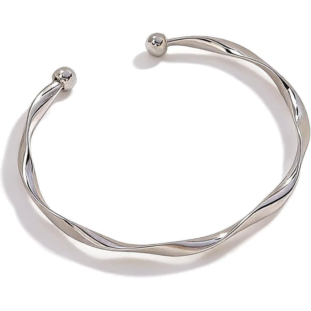 Pulseira Feminina Aberta Torcida Prata Estilo Minimalista Ajustável