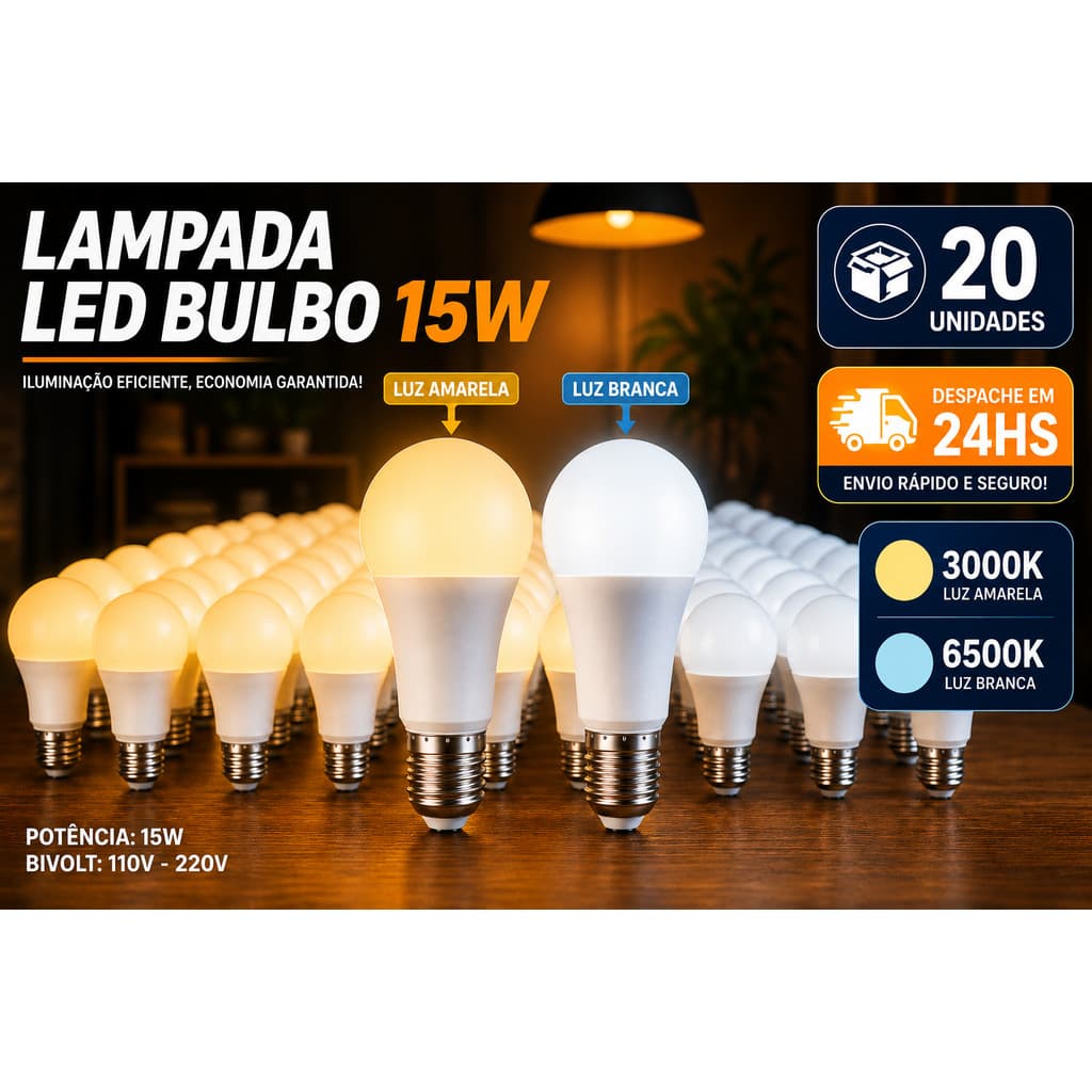 20 Lâmpadas Bivolt Led 15W Iluminação Bulbo A60 Pera Branco Frio 6500K Branco Quente 3000K Luz Amarela E27 Bolinha globo