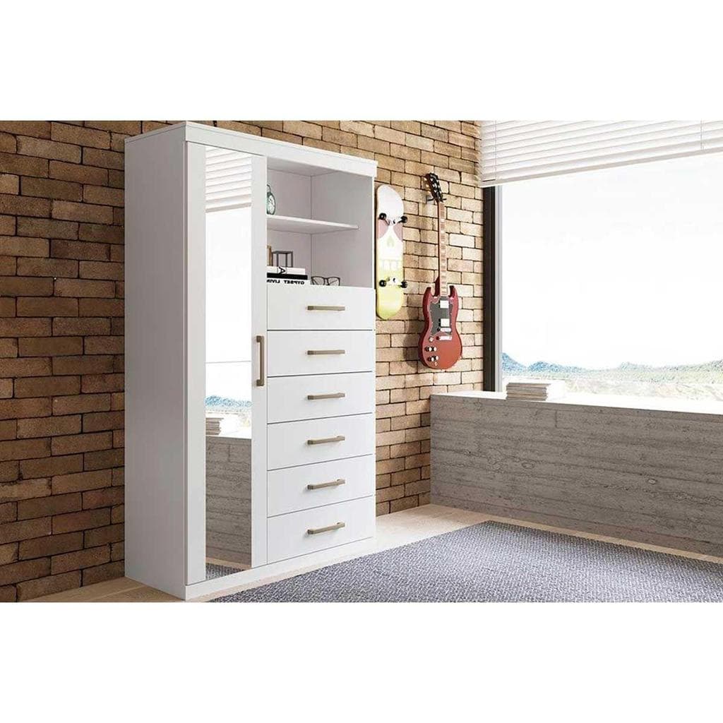 Cômoda de Quarto Marabá 1.6 c/ 1 Porta 2 Nichos e 6 Gavetas c/ Espelho Branco - Santos Andirá