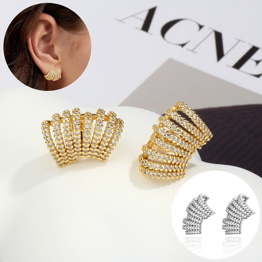 Brinco Femenino Delicado Curvo Folheado Platina Zircônia Cravejada Luxo