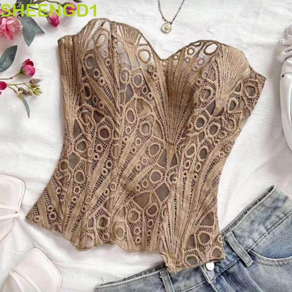 SHEENGD1 Shapewear De Espinha De Peixe De Renda , Roupa Íntima Sem Mangas De Flor Oca Para Mulheres , Espartilho Com Con