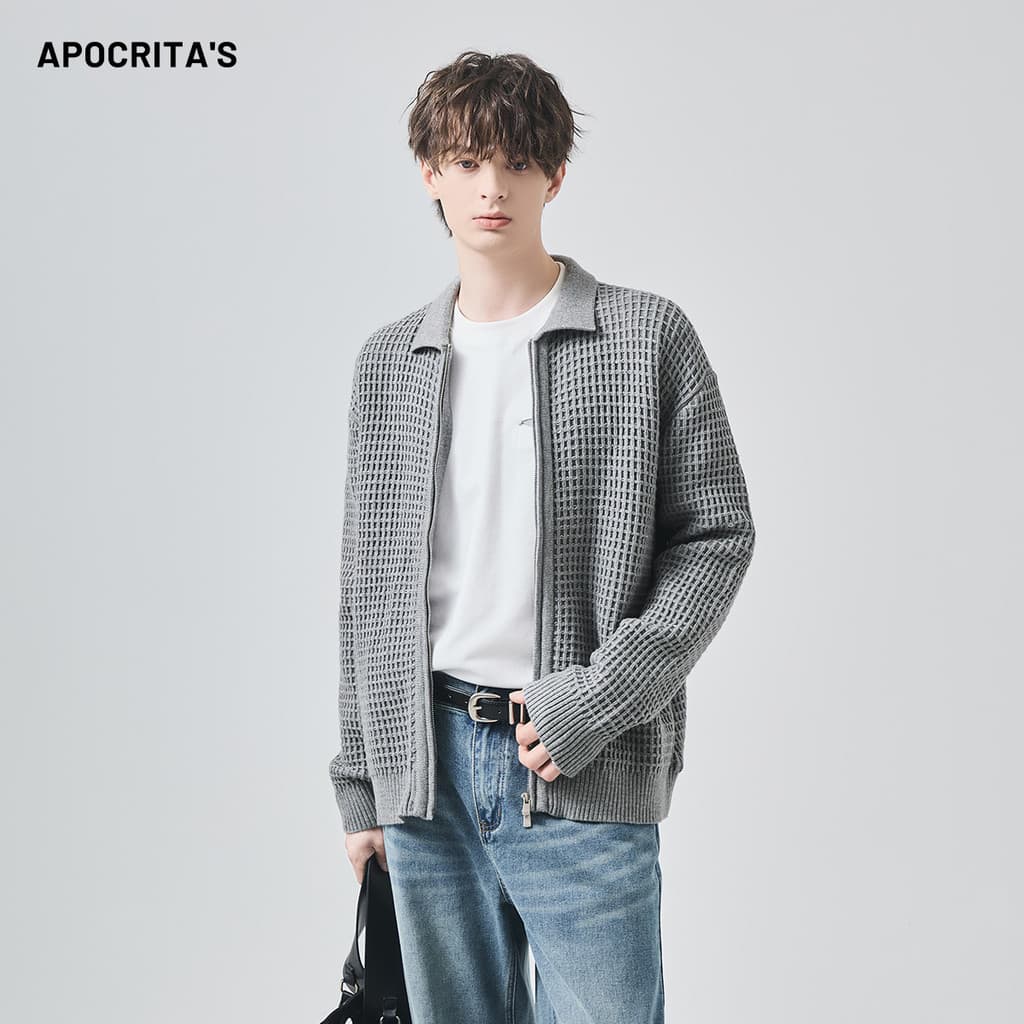 Roupas Masculinas|Camisola masculina High-End sentimento outono inverno solto zíper Waffle textura malha Cardi