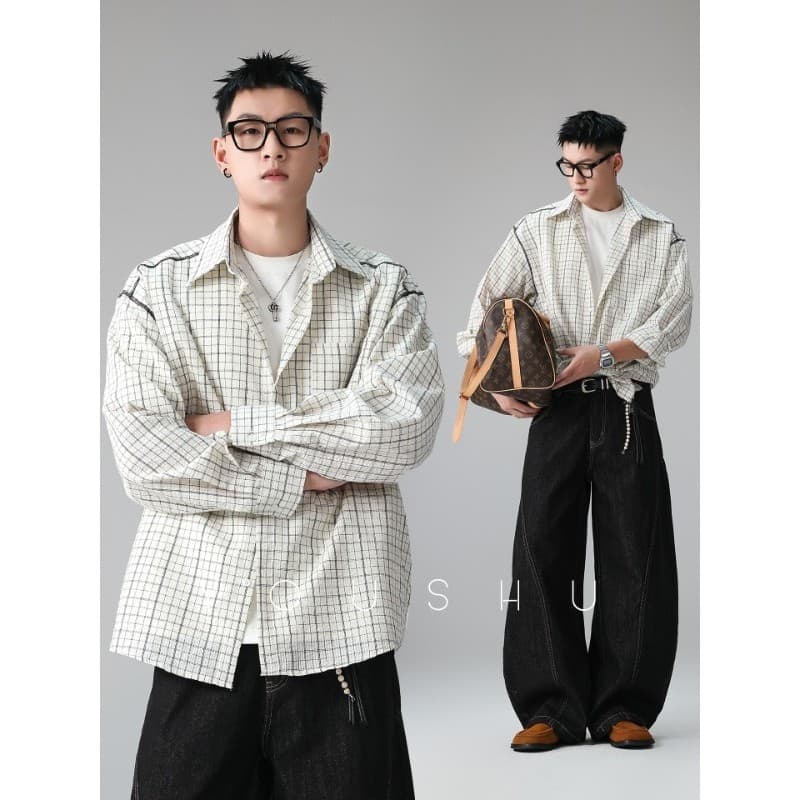 Retro texturizado verificação lapela camisa de manga comprida masculina 2026 primavera novo estilo solto camisa Casual j
