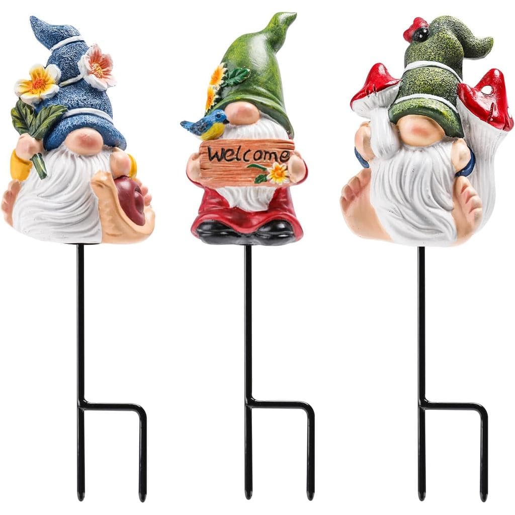 Estátua de Gnomo de Jardim, Conjunto de 3 Gnomo em Resina, Figurinha com Estacas para Jardim, Decoração para Gramado, Pá
