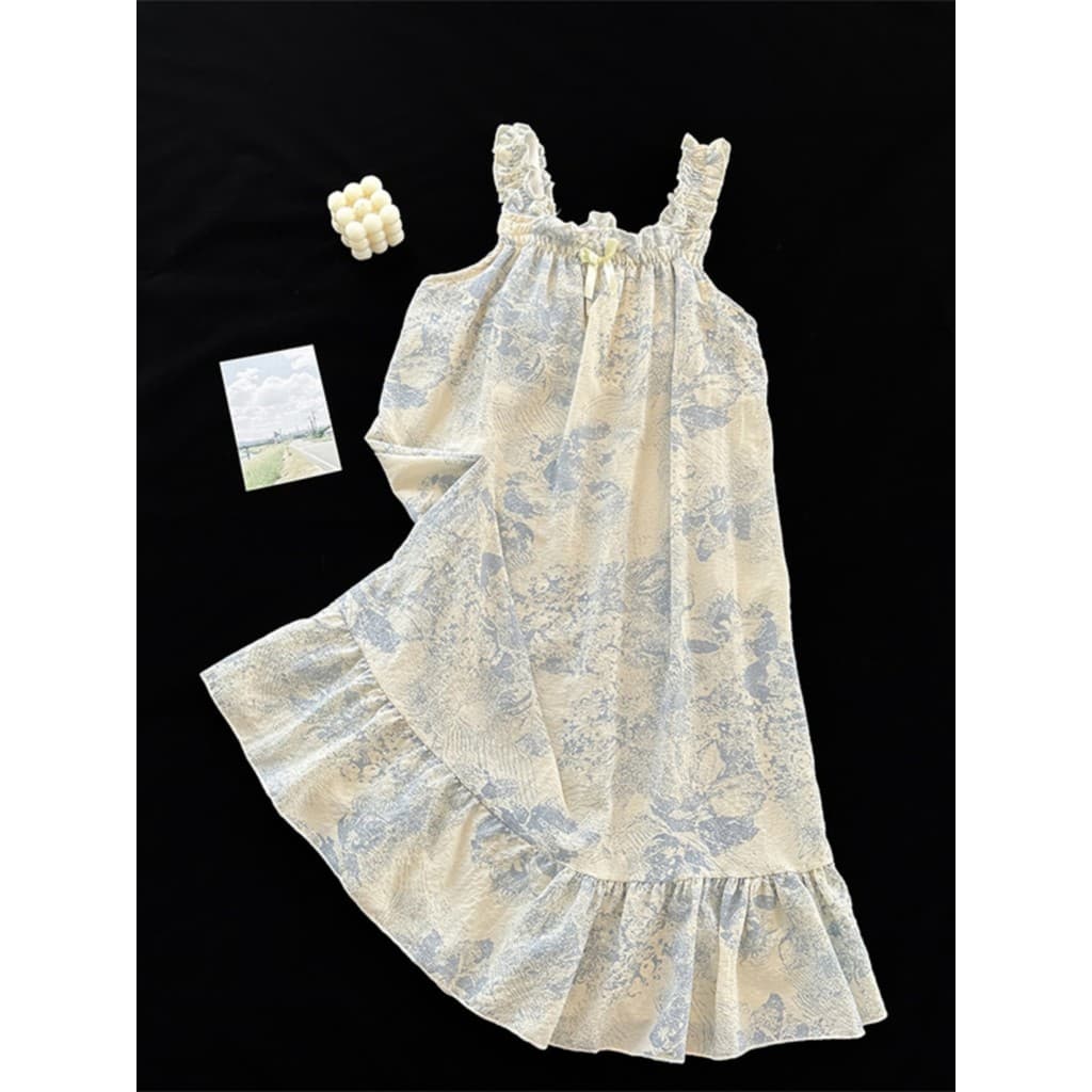 Sling Nightdress verão feminino 2024 novo estilo verão estilo fino estilo princesa tecido algodão impresso vestido de pi