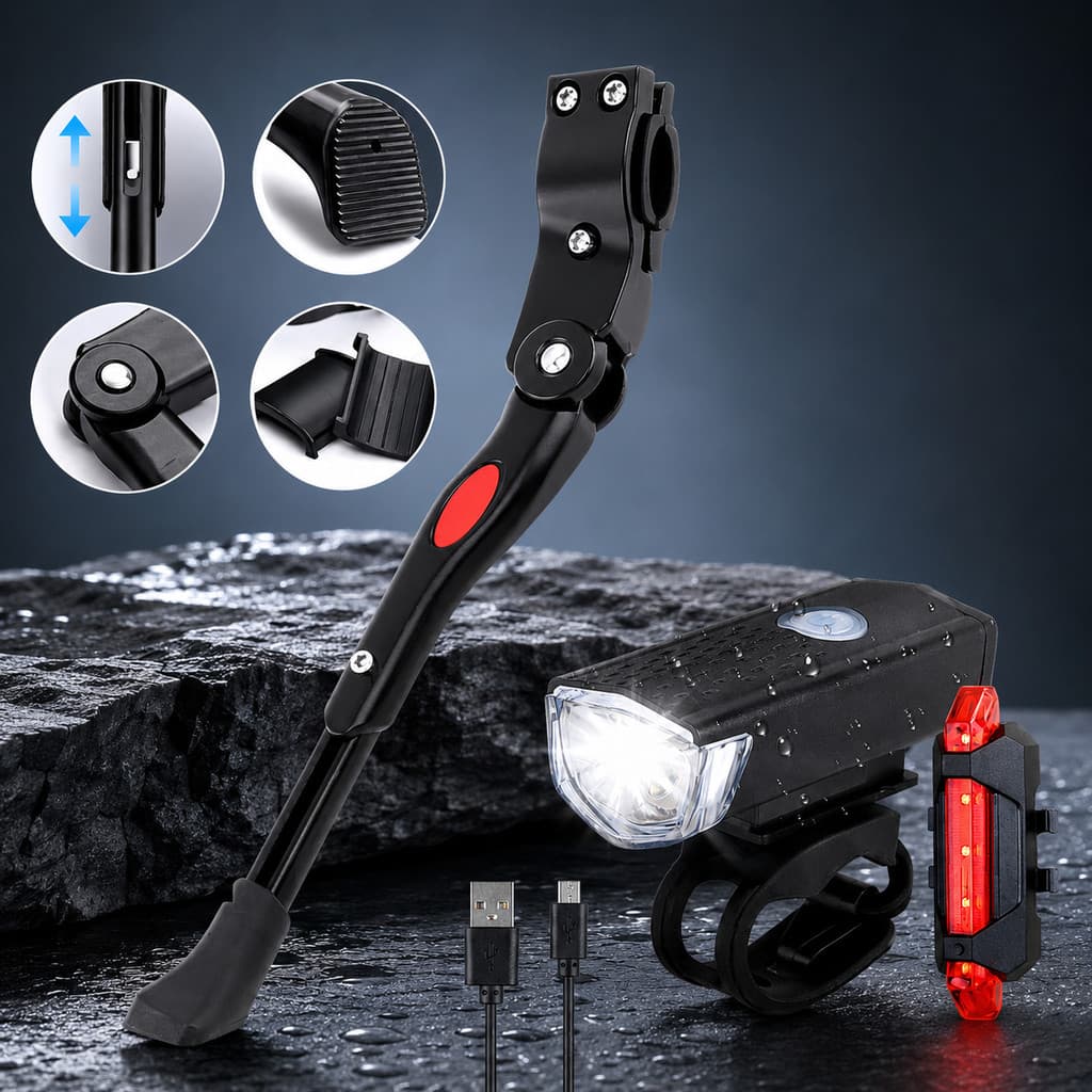 Kit Segurança para Bike – Descanso Lateral em Alumínio Regulável + Farol LED 300 Lumens e Sinalizador---WYL Store