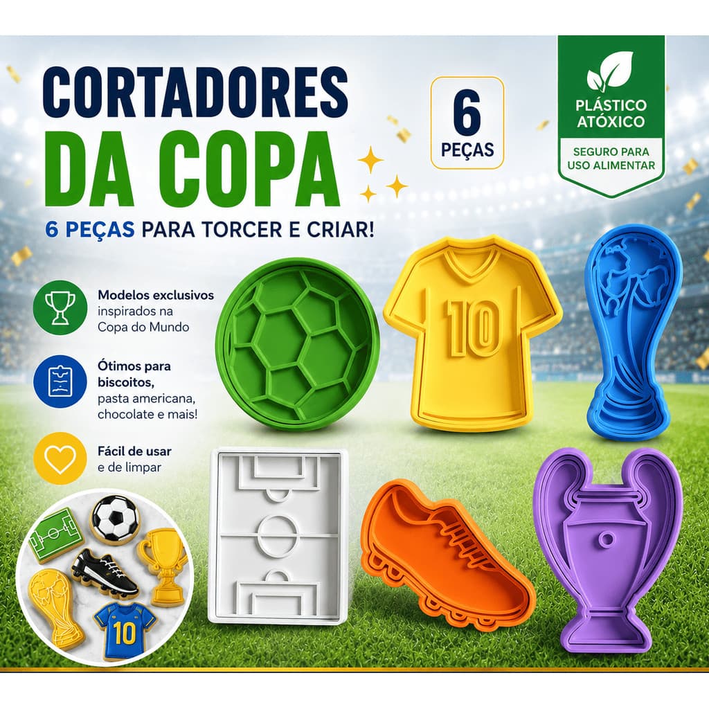kit de Conjunto de Cortador Biscoito + Marcador Temático Copa do Mundo – 6 Unidades