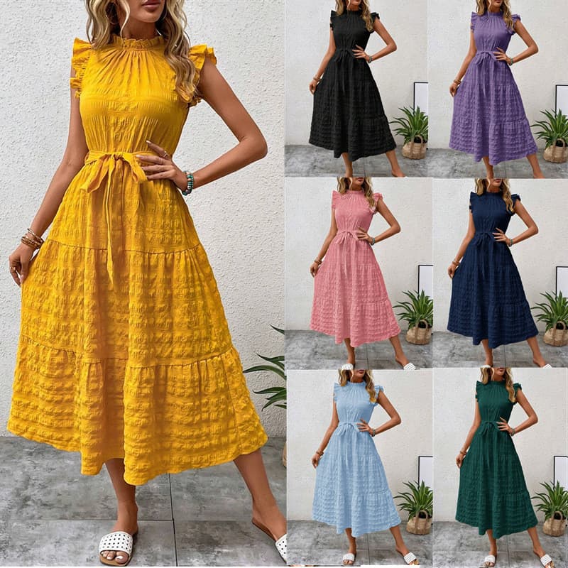2026 Cross-Border feminino verão novo estilo moda fungo borda manga voadora rendas vestido texturizado