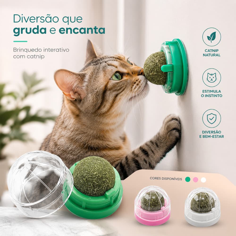Brinquedo Bola com Catnip Cola na Parede Chão Erva de Gato Natural Melhora Hálito