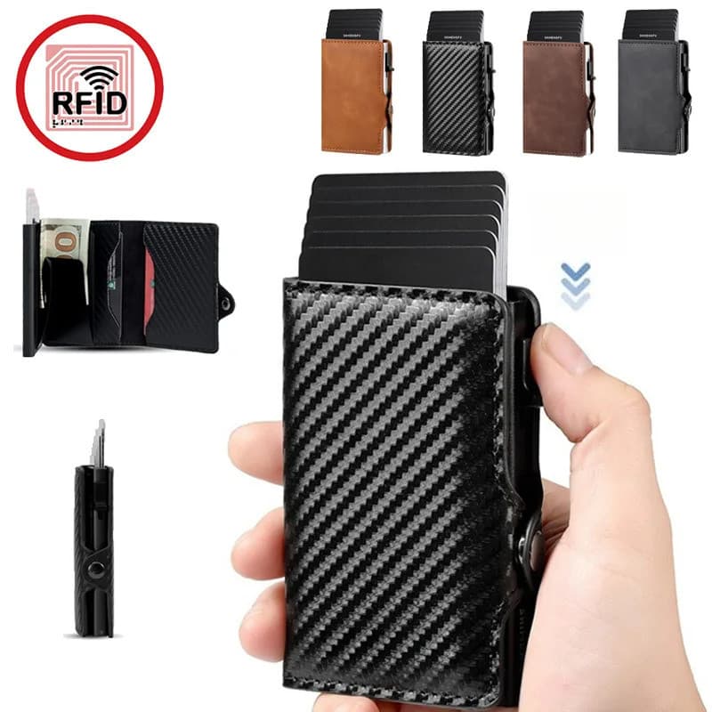 Porta Cartão Masculino Fibra de Carbono Pop-up Automático Bloqueio RFID Metal Minimalista Compacto