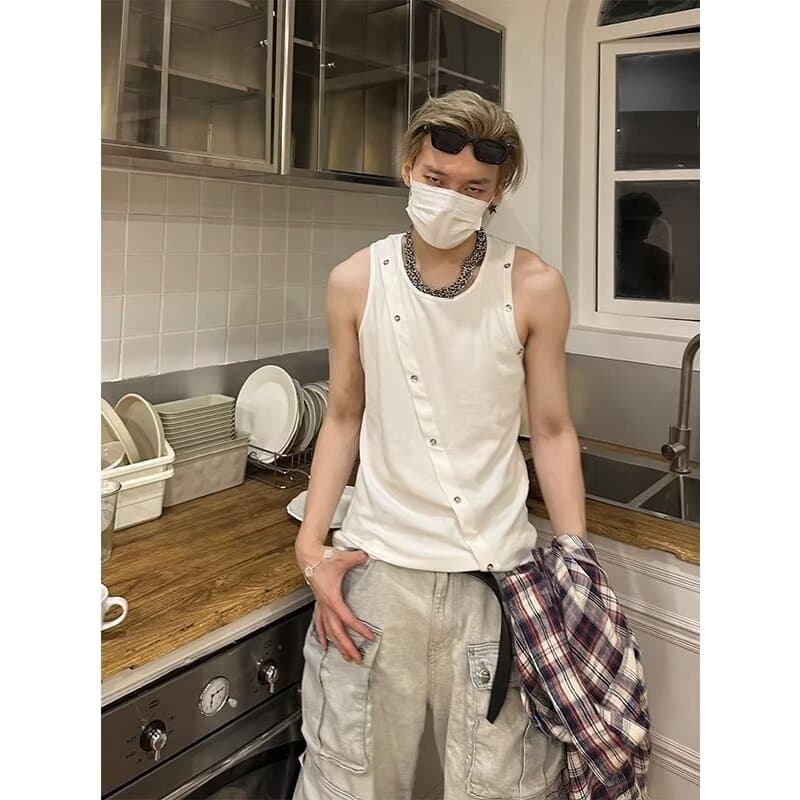 2026 verão botão fino Design sem mangas colete camiseta masculina High Street puffian bonito colete esportes puffian bon
