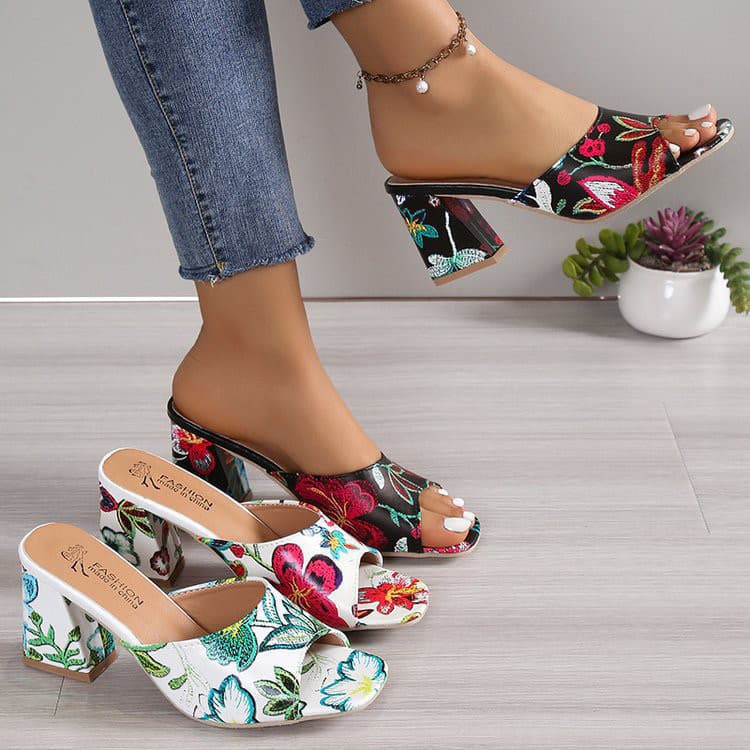 Stilettos comércio exterior europeu americano moda moda moda romana boca de peixe cabeça quadrada impressa grosso salto