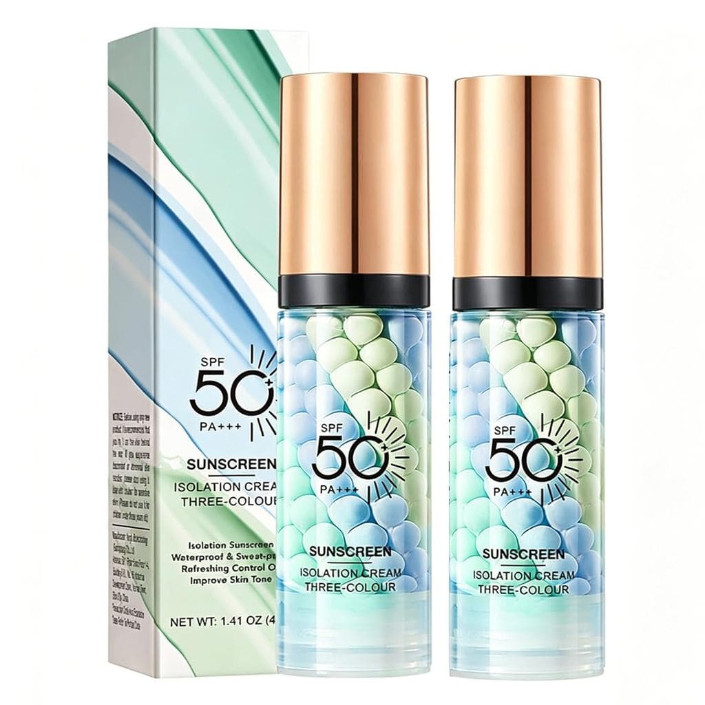 Sérum Facial Corretor de Tom de Pele, 2 Pacotes de Protetor Solar Facial SPF 50 PA+++, Sérum Hidratante 3 em 1 com Corre