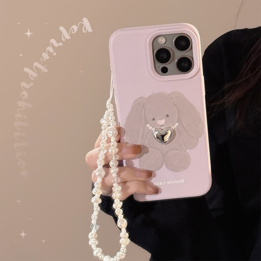 Tridimensional pérola colar coelho adequado para Apple 17 caso de telefone 15promax estilo coreano iphone16 corrente 13