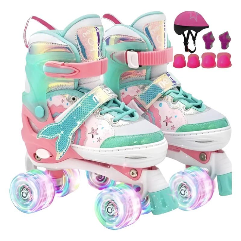 Patins 4 Rodas Infantil Sereia + Kit Proteção Rodas Em Led