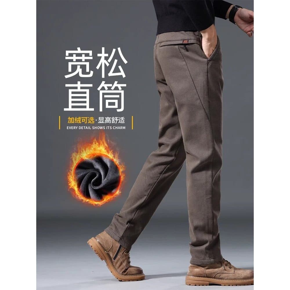 Calças casuais de negócios masculinas outono inverno estilo reto solto na moda All-Match forro de lã engrossado quente e