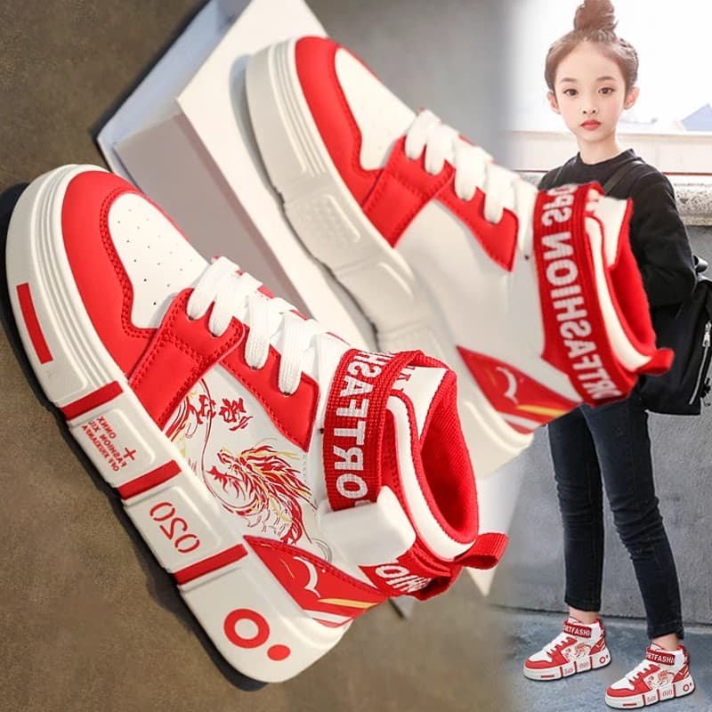 Benming ano vermelho sapatos femininos 2026 ano novo do cavalo ano novo grandes crianças tênis de cano alto estudantes d