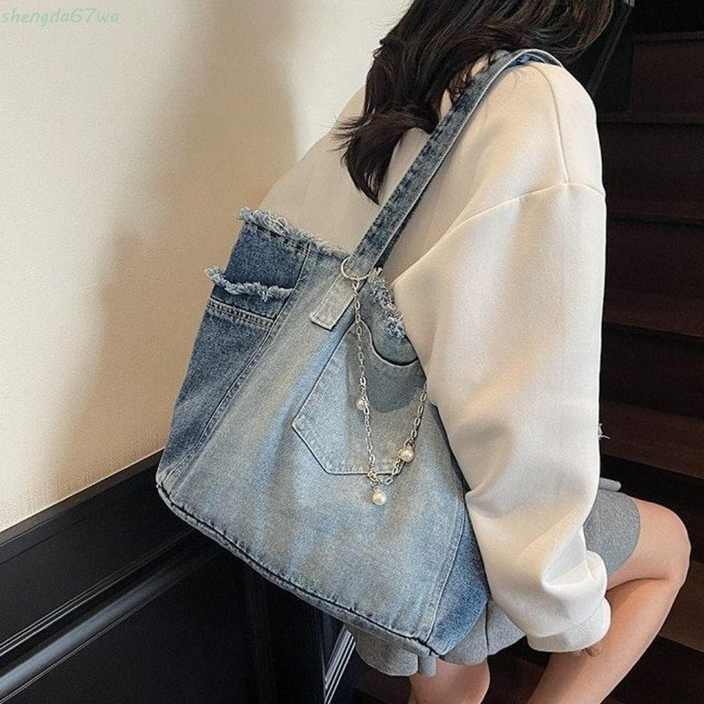 Bolsa De Ombro Jeans SHENGDA , Sacola De Lona Retrô Estilo Coreano , Pacotes Simples De Couro PU De Cor Sólida Nas Axila