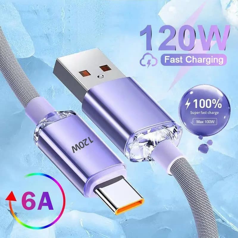 Cabo Trançado De Dados Tipo C De Carregamento Rápido 120W 6A Para Samsung Carregador Super USB-A