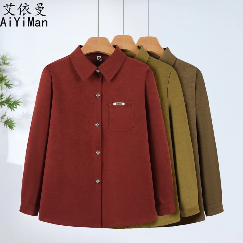 Mãe usar camisa cor sólida meia-idade idosos primavera outono camisa de manga comprida jaqueta Casual solta moda curto t