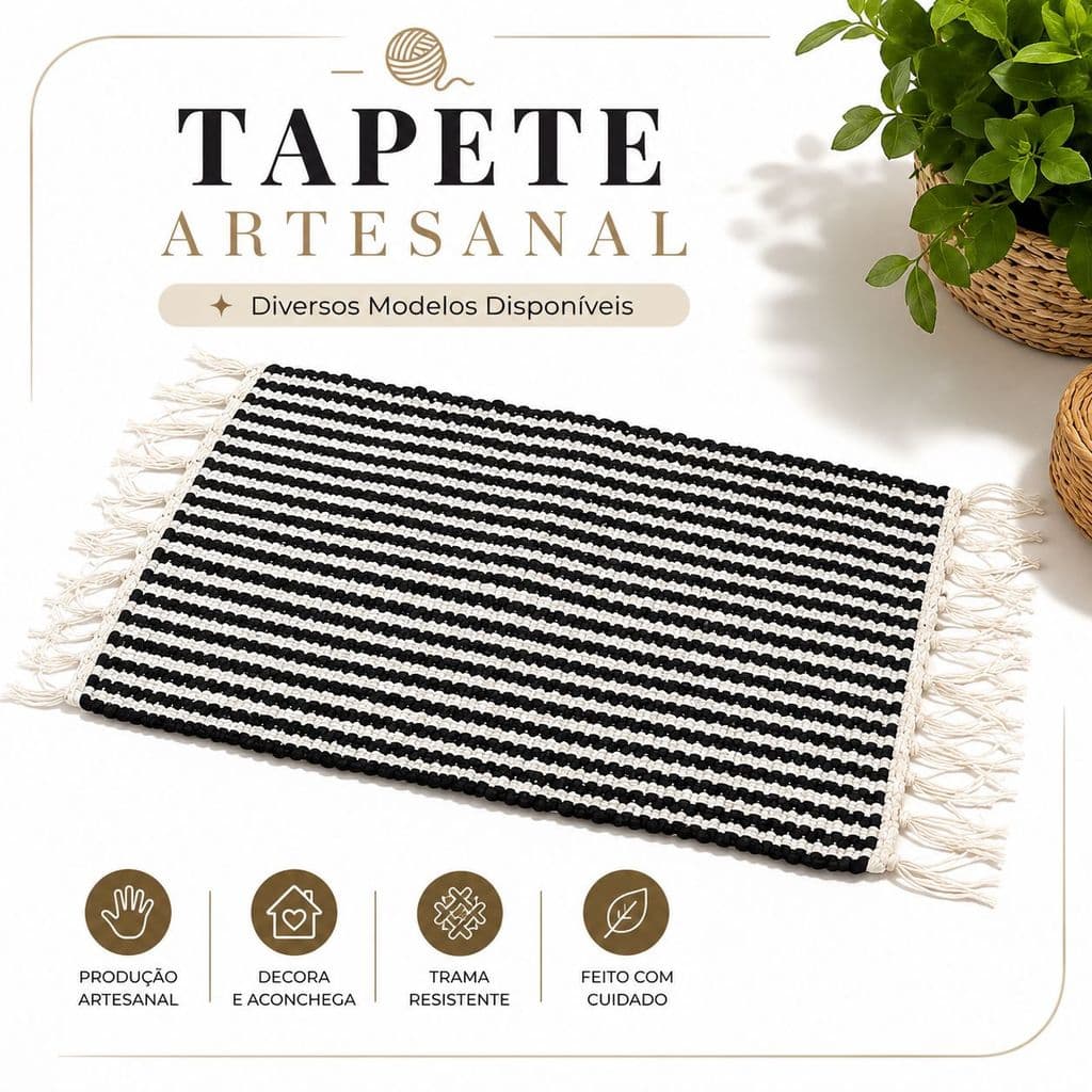 Tapete Artesanal Decorativo Listrado com Franjas para Cozinha Quarto Sala
