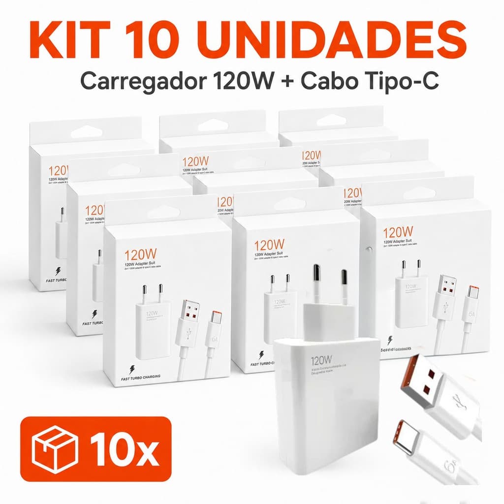 Kit 4/10 Carregador Rápido 120W/67W | Cabo USB Tipo-C 6A 1M Turbo Charge Turbo Power