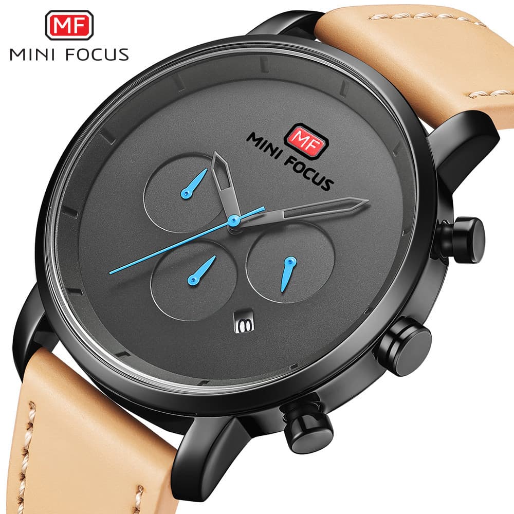 MINI FOCUS Marca Único Relógio Simples Calendário de Movimento Multifuncional Pulseira de Couro Genuíno À Prova D 'Água