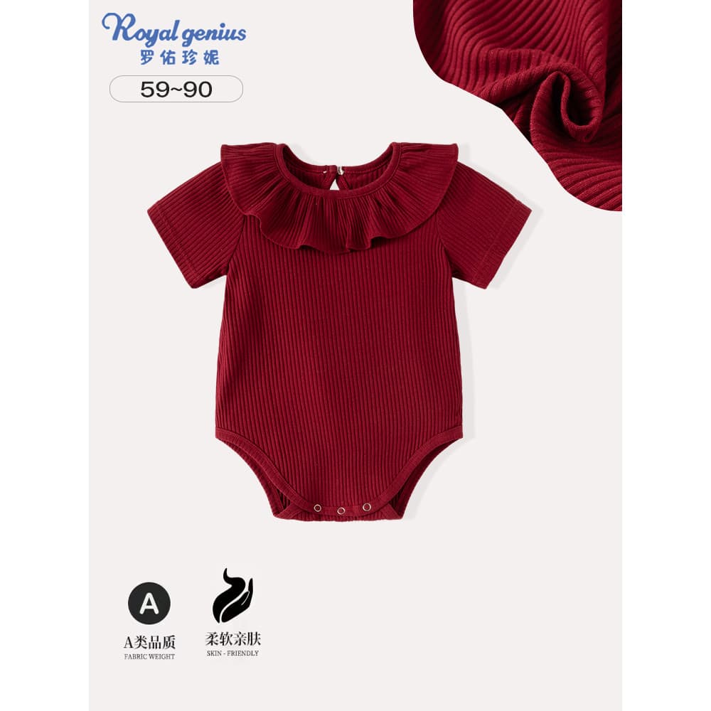 Roupas de bebê primavera verão macacão vinho vermelho estilo ocidental bebê menina manga curta renda macacão cem dias pr