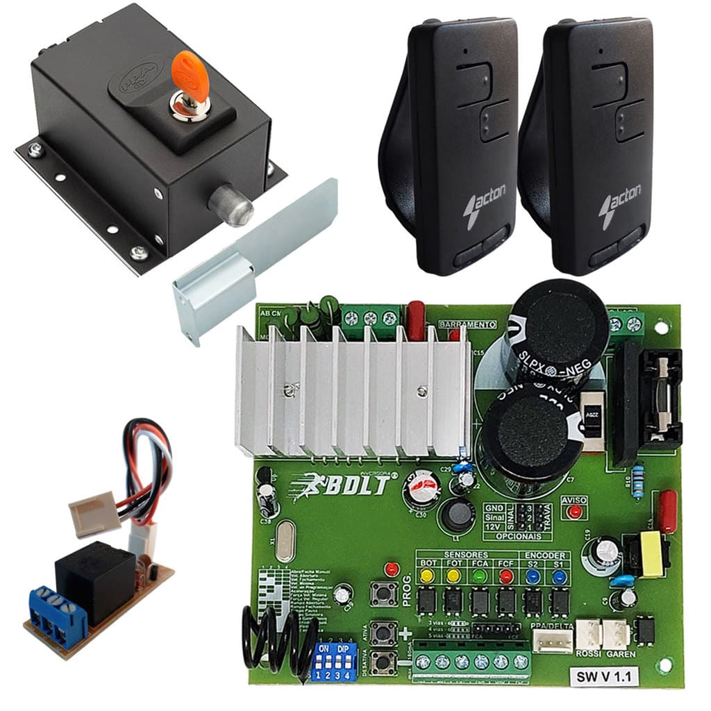 KIT CENTRAL BOLT PORTÃO ABRE EM 4 SEG 2 TX UNO COM TRAVA AUTOMATICA PINADA PRETA