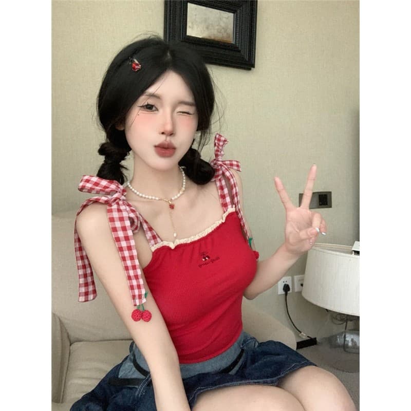 Bordado renda xadrez rendas rendas feminino colete vermelho estilingue verão curto topo quente menina exterior usar cami