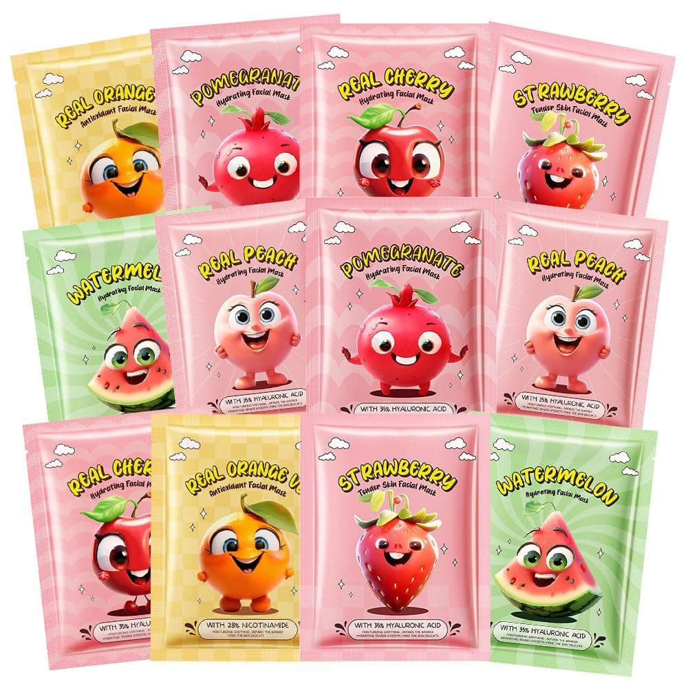 Conjunto de 12 máscaras faciais de frutas evpct, adequado para spas de cuidados com a pele femininos, presentes para fes