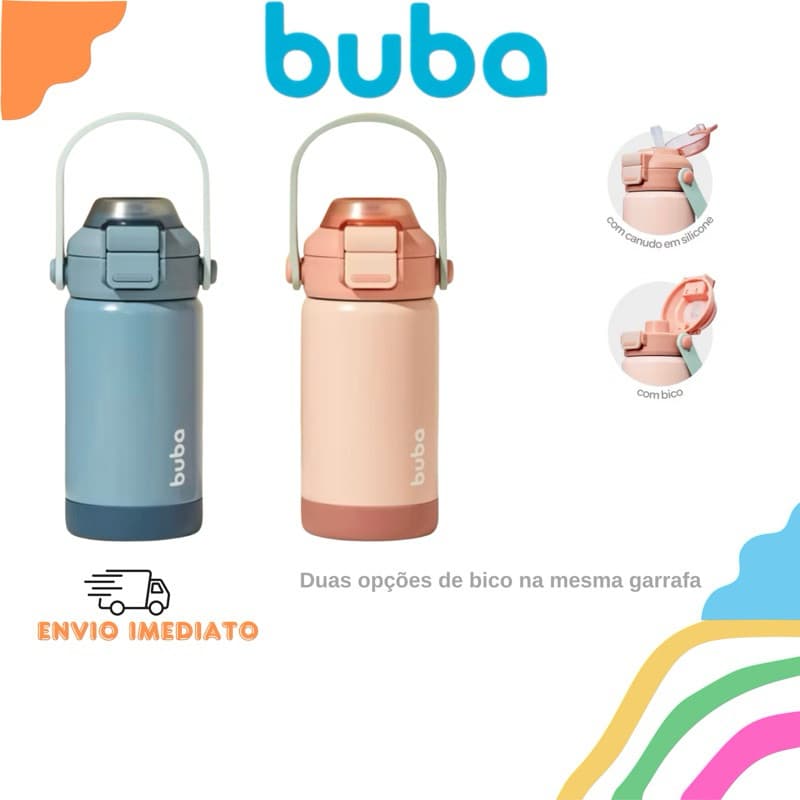 Garrafa de Água Térmica Infantil Parede Dupla Canudo em Silicone e Bico Com Alça Buba