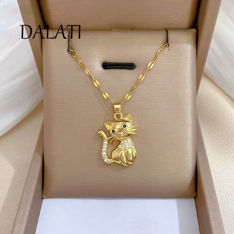 Colar de Aço Titânio Dalati com Zircônia Olho de Gato, Luxo Leve, Lindo e Deslumbrante, Colar de Diamante FJMB