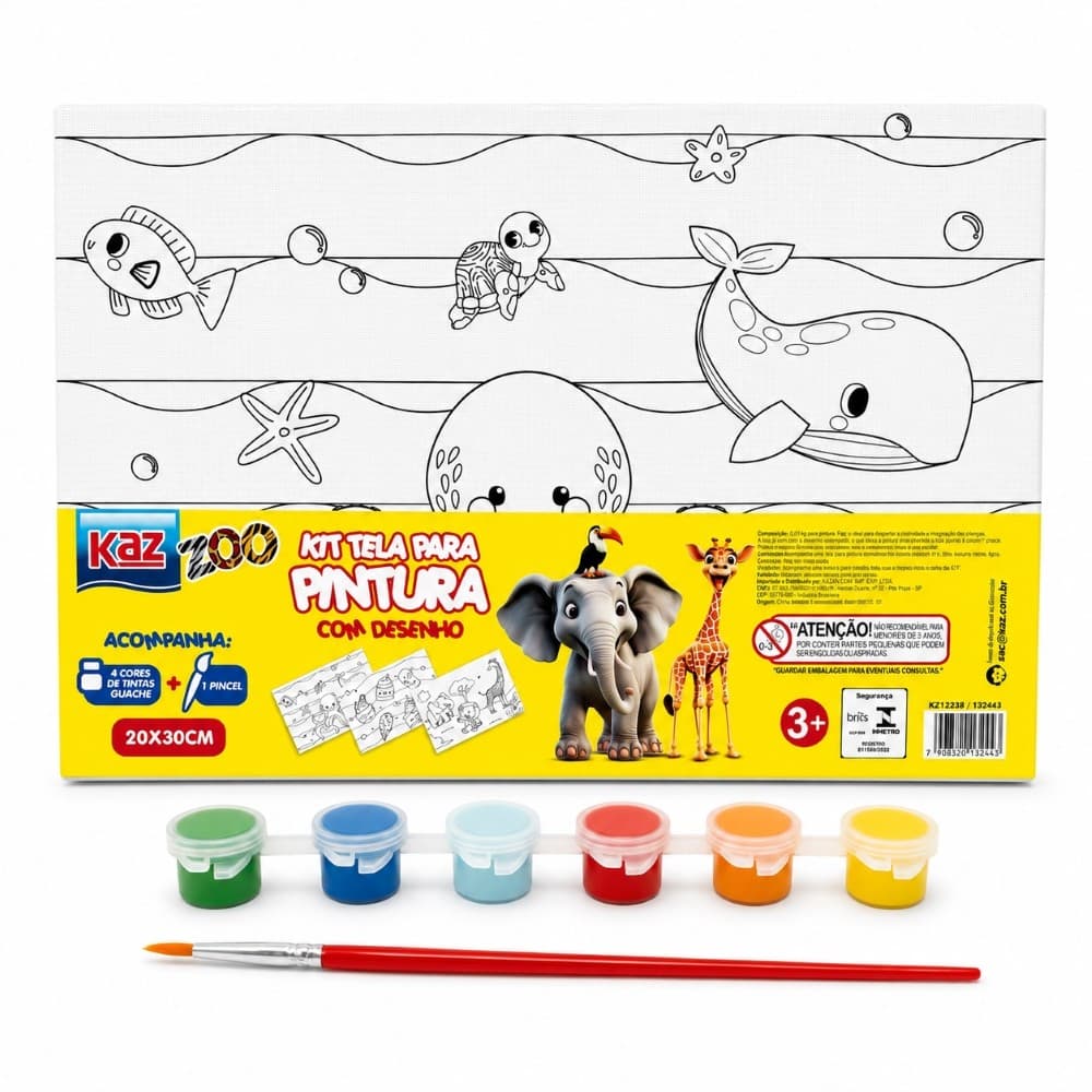 KIT TELA PARA PINTURA 20X30 COM DESENHO C/ 6 CORES E PINCEL