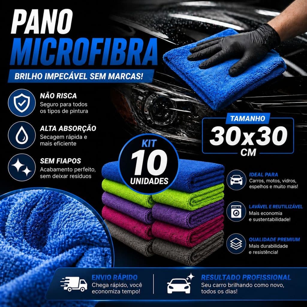 PANO MICROFIBRA LAVAÇÃO CARRO PROFISSIONAL 30x30 PM001-K10-C2