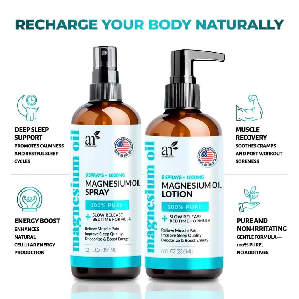 Spray de Óleo de Magnésio ArtNaturals 12 oz + Conjunto de Loção para Massagem Corporal 8 oz para Pés e Sono - Creme Fort