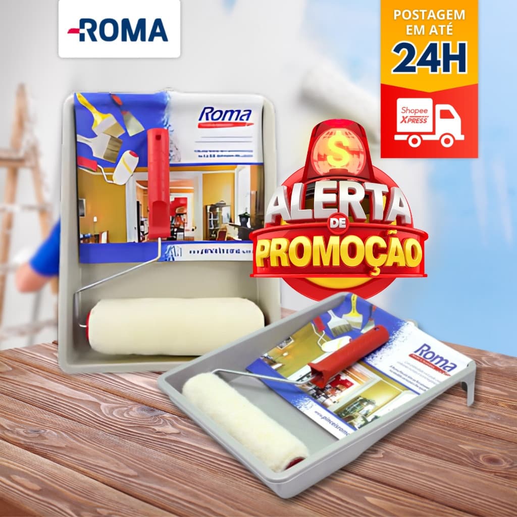 Kit Pintura Parede 3 Peças Roma - Rolo De Pintura Para Parede 23cm + Cabo para Rolo + Bandeja