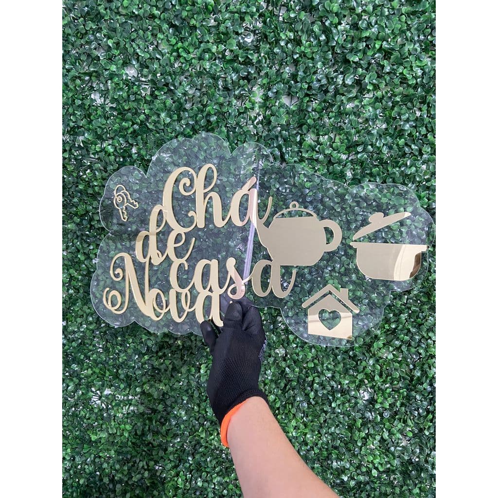 Placa Acrílico 2mm Transparente Chá de Casa Nova Letras Douradas Bule Chave Panela Casinha 30cm Decoração Festa