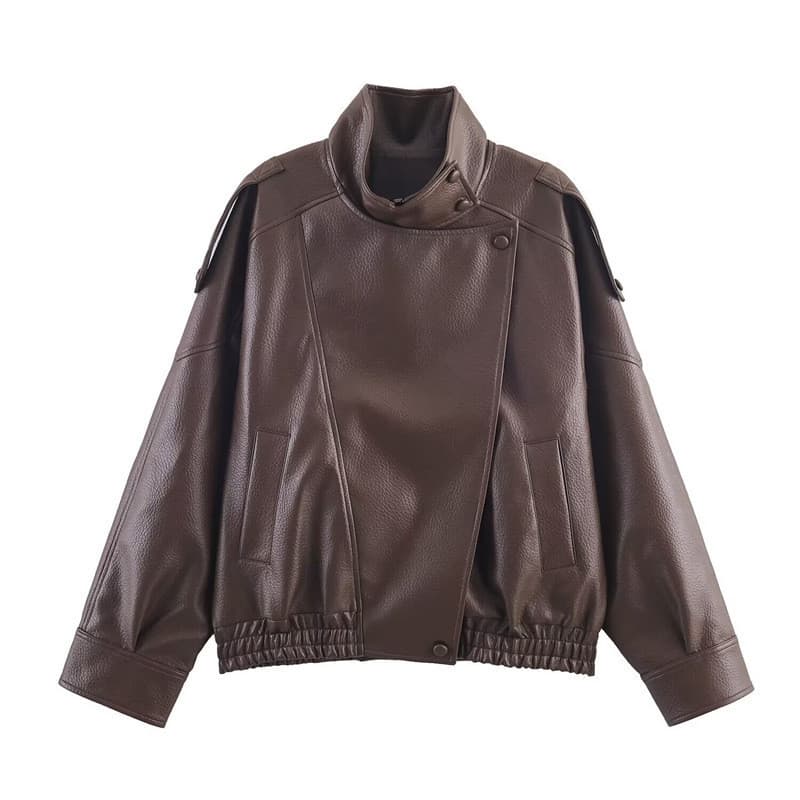 Jaqueta de Couro Feminina Estilo Motociclista Vintage com Gola de Zíper, Casaco Curto e Solto para Motociclistas