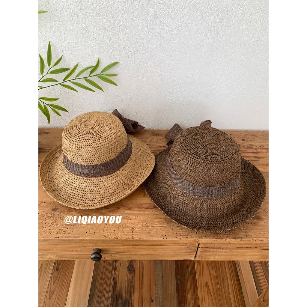 Li Qiaoyou Chapéu de sol com aba grande ~ estilo japonês com laço ondulado feminino verão férias à beira-mar mostrando r