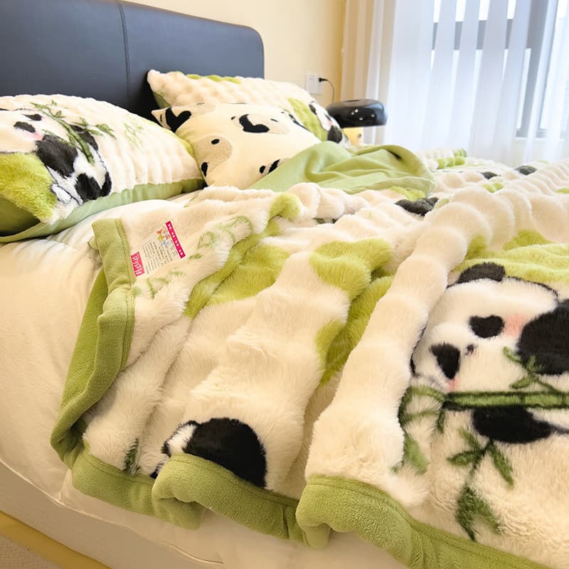 Cobertor de lã de coelho Panda dos desenhos animados inverno engrossado dupla camada cobertor de cochilo Coral leite vel