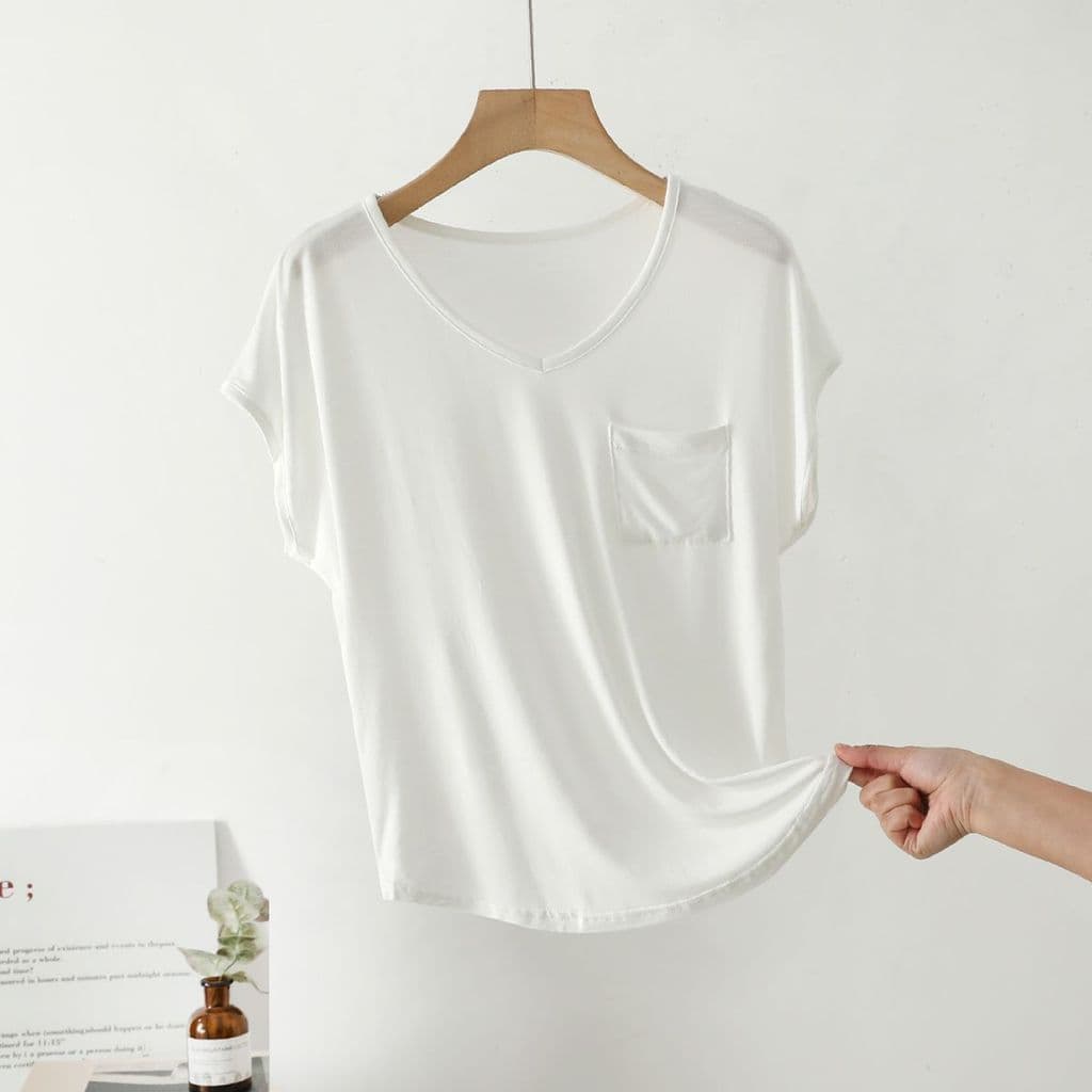 Modal branco com decote em V camiseta de manga curta feminina primavera verão estilo fino solto mais magro olhar tamanho